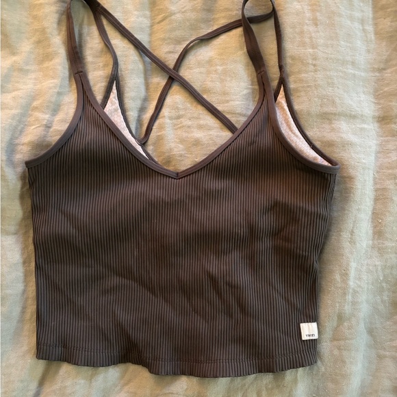 Vuori Tops - Vuori Green Ribbed V-Neck Crossback Crop Tank